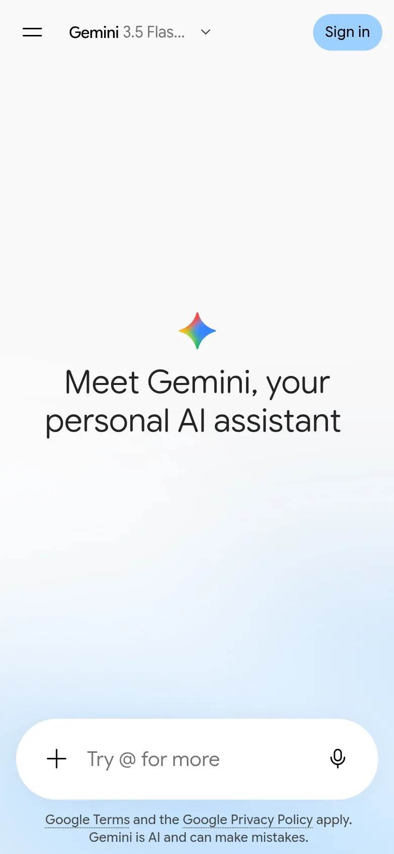 সাইন ইন ছাড়া Gemini-এর প্রথম পাতা, নিচে লেখার বক্স