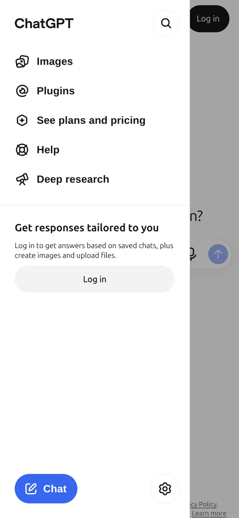 ChatGPT-এর বাঁ দিকের মেনু, নিচে সেটিংসের বোতাম