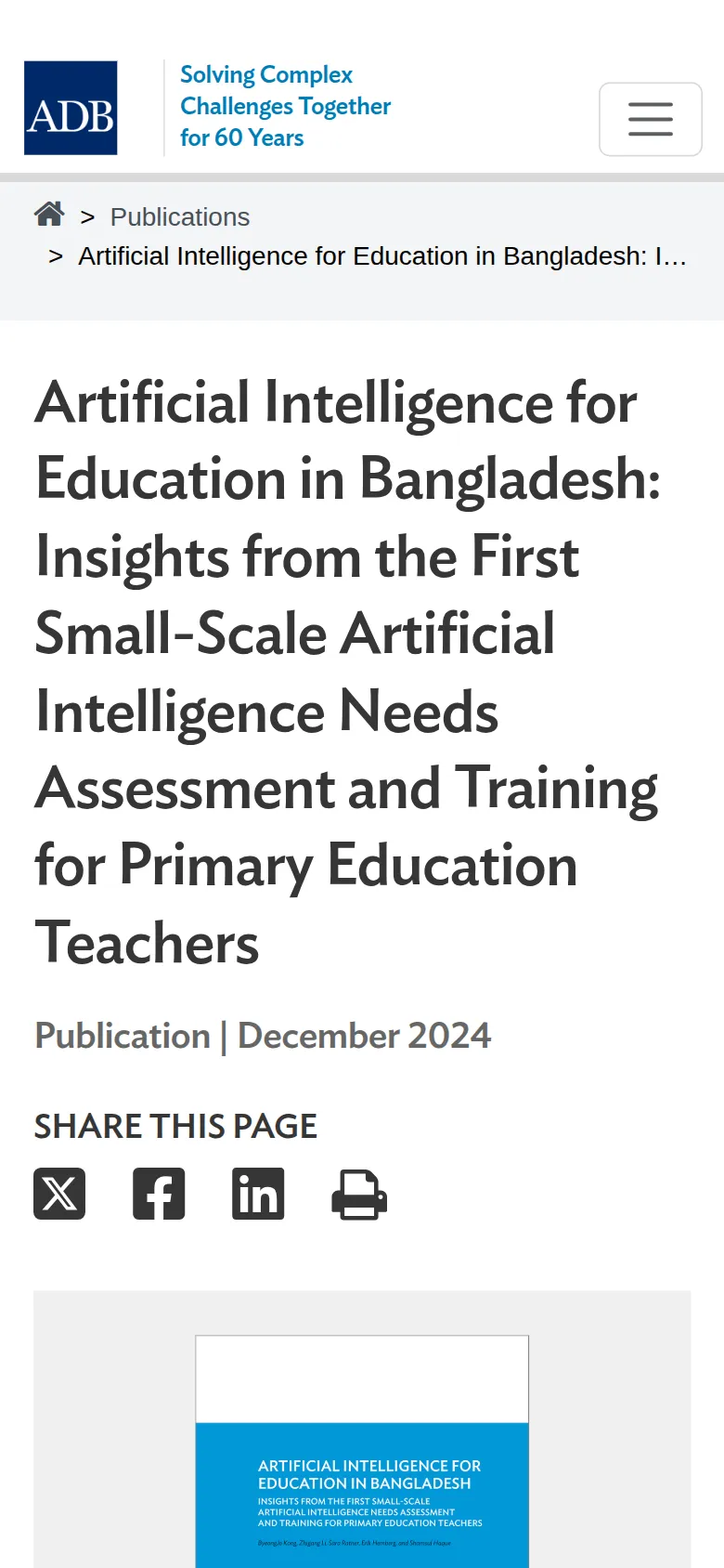 The Asian Development Bank page with the paper's title, December 2024