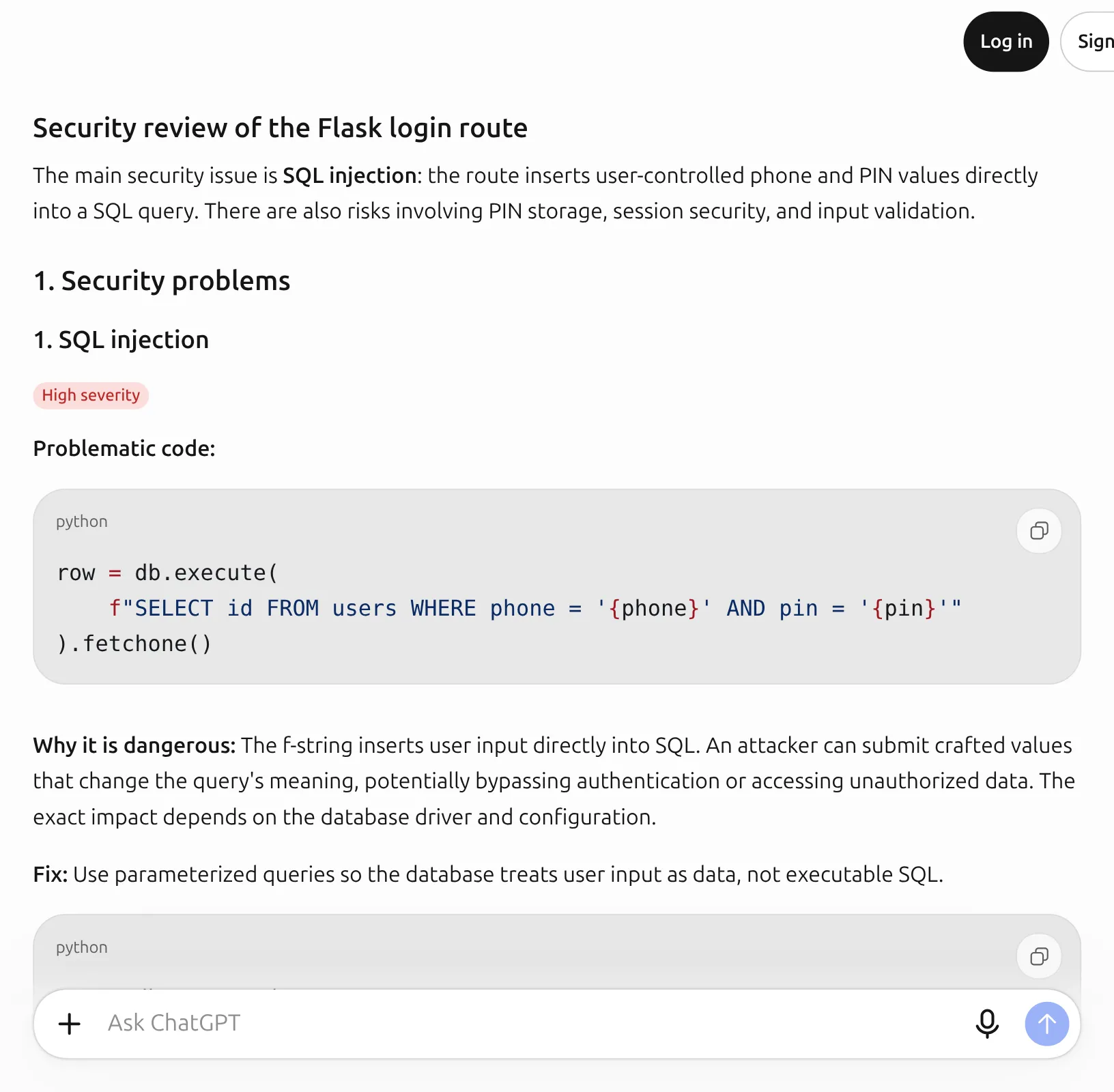 Security-checking code with AI: catching SQL injection