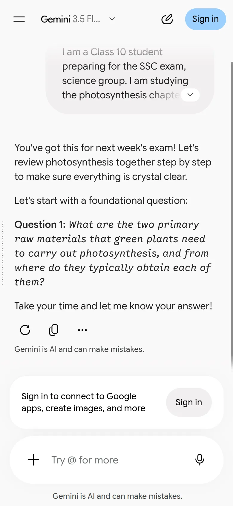 Gemini's first question, about the raw materials plants need for photosynthesis