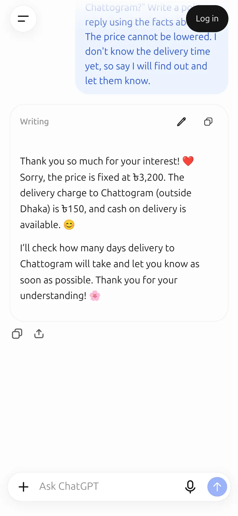 ChatGPT's polite reply to the customer