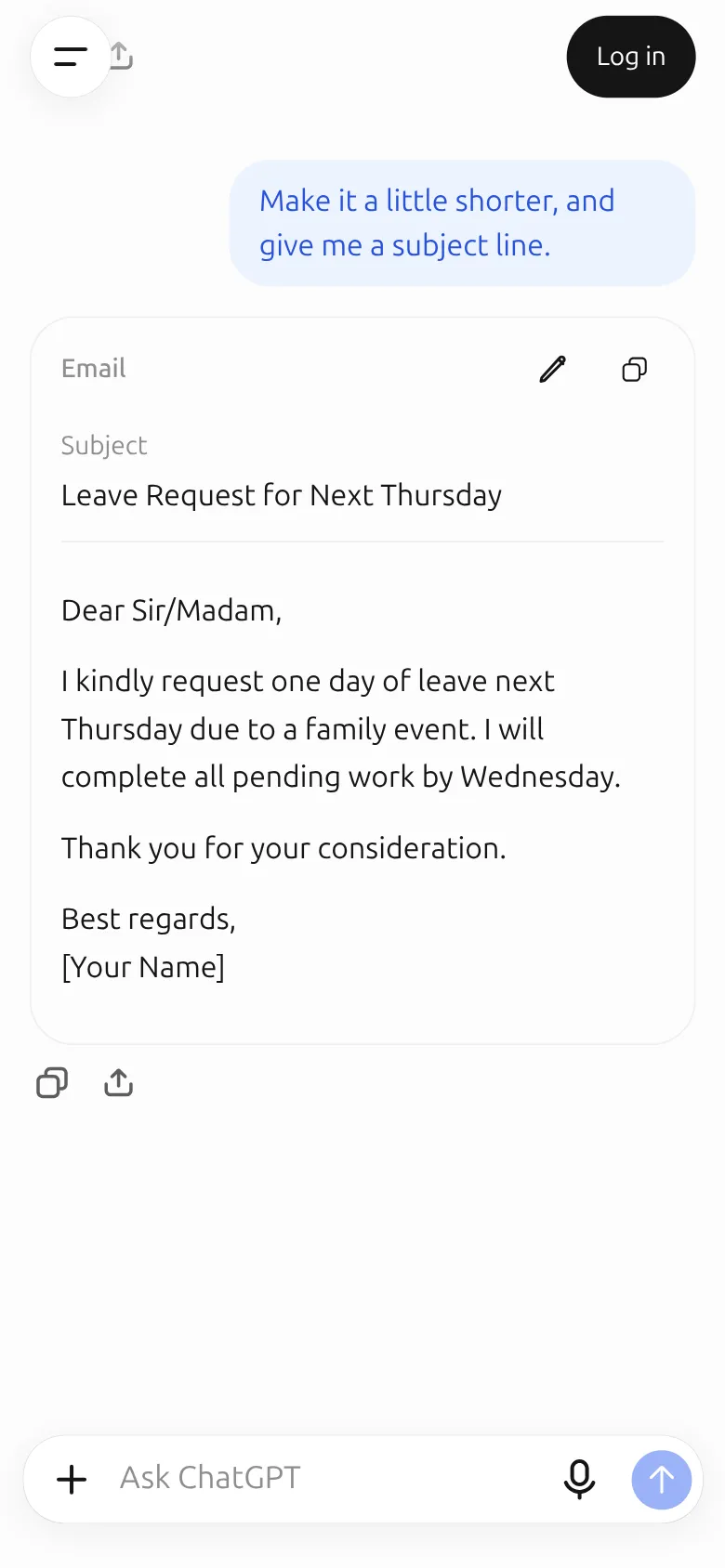 ChatGPT's second, shorter email